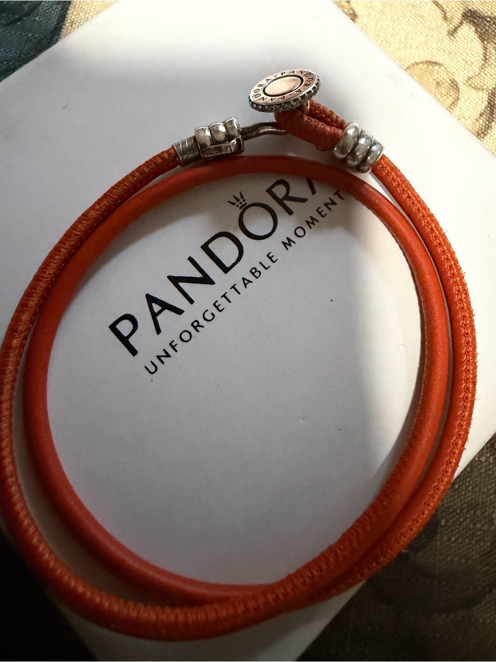 Authentic Pandora Orange Leather Double Wrap Bracelet Silver - Picture 3 of 4